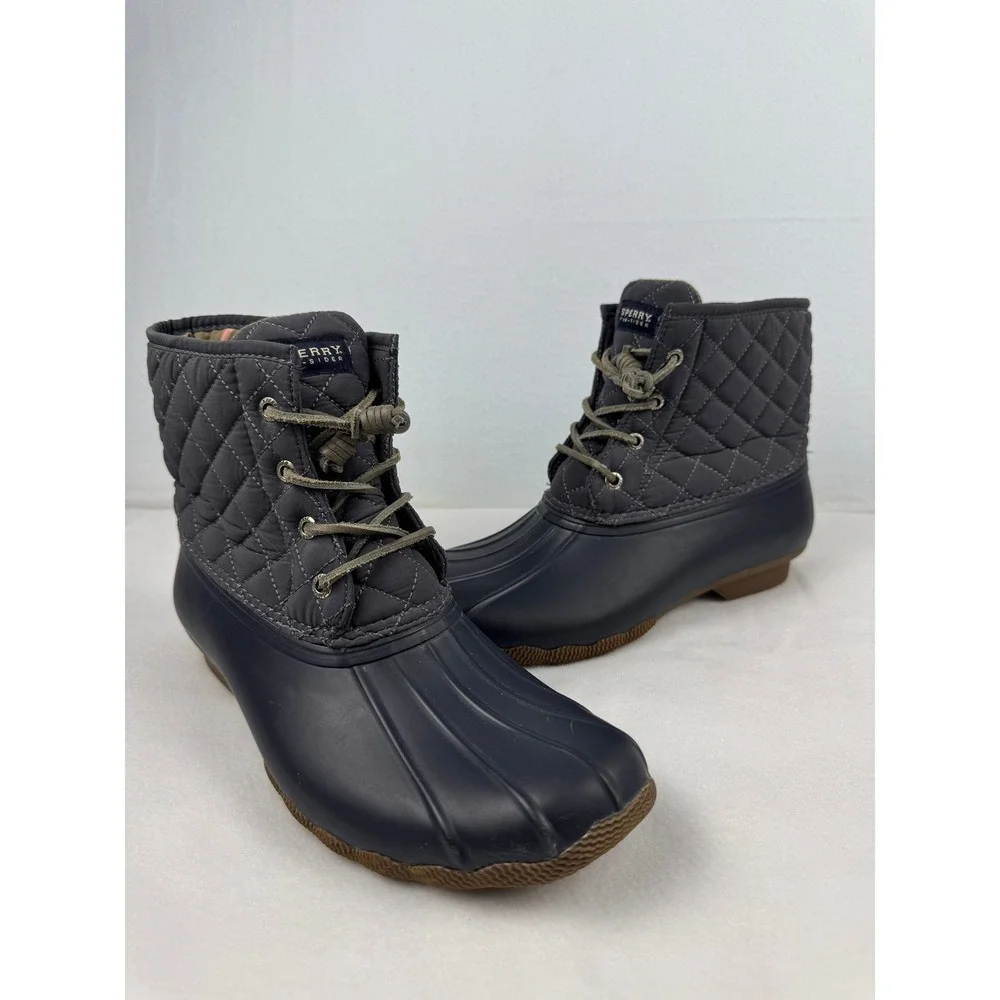 Sperry Saltwater Quilted Duck Boots Navy‎ Blue Ankle Rain Boots Womens Size 8.5